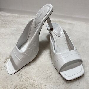 Schutz White Leather Croc Embossed‎ Square Toe Cylinder Heel Mules